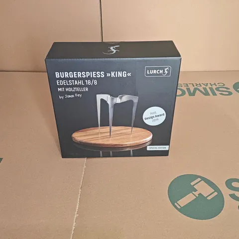 BOXED LURCH BURGER SKEWER - KING - STAINLESS STEEL WITH WOODEN PLATE