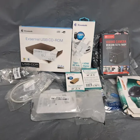 APPROXIMATELY 12 ASSORTED ELECTRICAL ITEMS TO INCLUDE EXTERNAL USB CD-ROM, WIRED MOUSE, VIDEO ADAPTOR, ETC