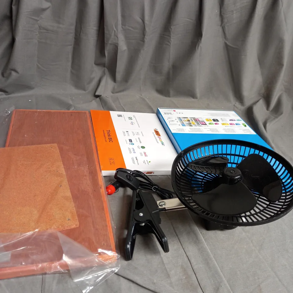 BOX OF APROXIMATELY 12 ASSORTED HOUSEHOLD ITEMS TO INCLUDE BIC PENS , FANS , MEDIUM STORAGE BOX 