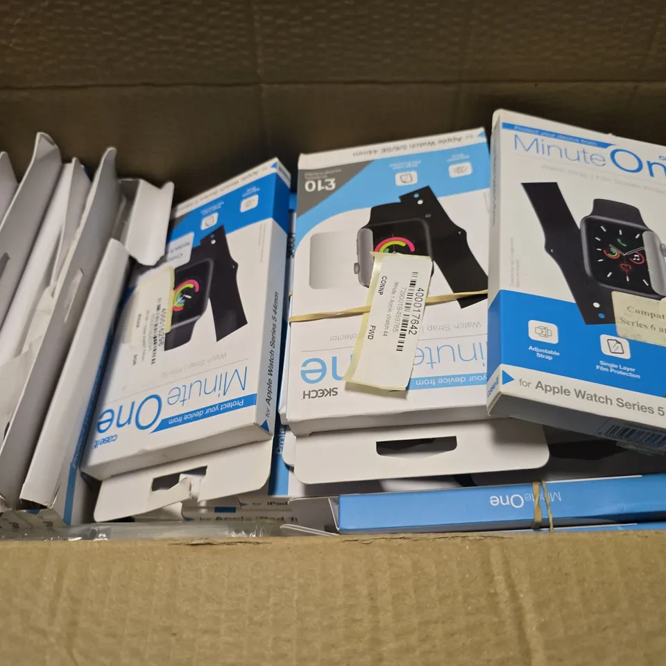 BOX OF APPROXIMATELY 40 MINUTE ONE APPLE WATCH SERIES 5 40MM WATCH STRAP FILM SCREEN PROTECTOR 