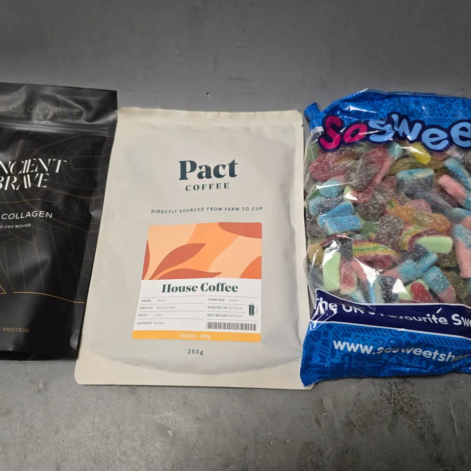 APPROXIMATELY 6 ASSORTED FOOD & DRINK ITEMS TO INCLUDE - SO SWEET , PACT COFFEE , ANCIENT BRAVE TRUE COLLAGEN ETC