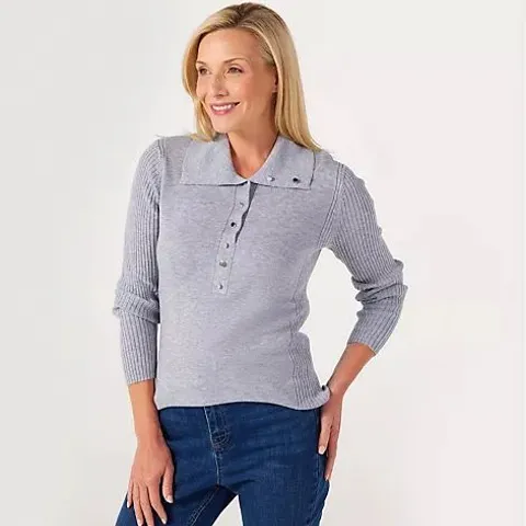RUTH LANGSFORD KNITTED JUMPER WITH COLLAR PLACKET HEATHER GREY EXTRA SMALL