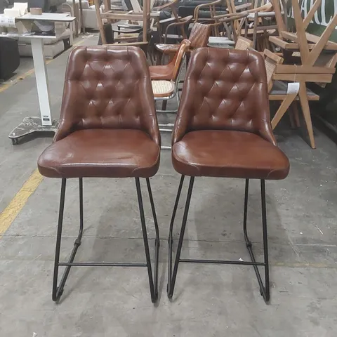PAIR OF GENUINE LEATHER BUTTON-TUFTED SEAT | BLACK METAL BASE WITH FOOTREST | 66CM KITCHEN COUNTER HEIGHT BAR CHAIRS