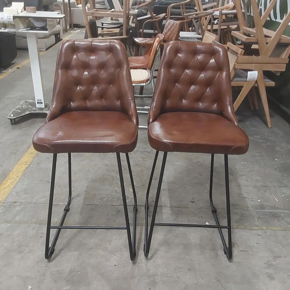 PAIR OF GENUINE LEATHER BUTTON-TUFTED SEAT | BLACK METAL BASE WITH FOOTREST | 66CM KITCHEN COUNTER HEIGHT BAR CHAIRS