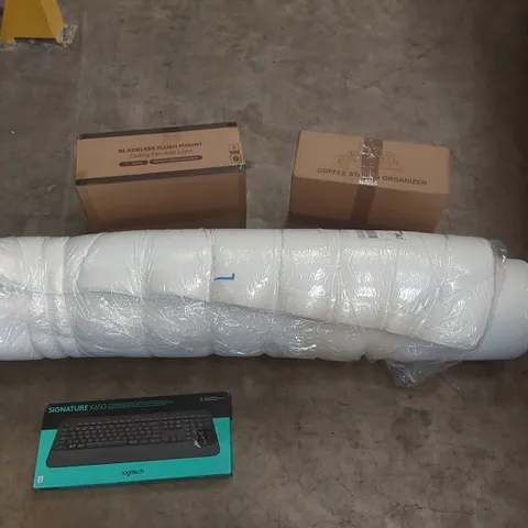 PALLET CONTAINING A LARGE QUANTITY OF ASSORTED ITEMS INCLUDING: MATTRESS TOPPER, LOGITECH KEYBOARD, BLADELESS FLUSH MOUNT CEILING FAN LIGHT, COFFEE STATION ORGANIZER ECT
