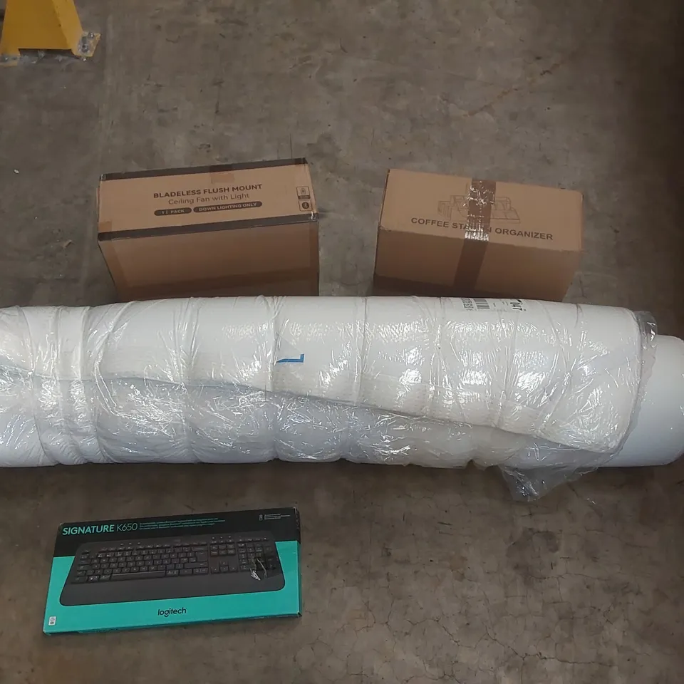 PALLET CONTAINING A LARGE QUANTITY OF ASSORTED ITEMS INCLUDING: MATTRESS TOPPER, LOGITECH KEYBOARD, BLADELESS FLUSH MOUNT CEILING FAN LIGHT, COFFEE STATION ORGANIZER ECT