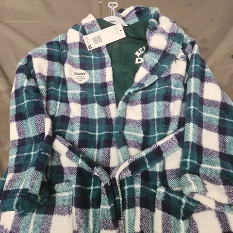 DKNY 3 PIECE PYJAMA SET WITH A PLAID FLEECE ROBE WITH BELT – TEAL, WHITE & NAVY AGE 6 YEARS