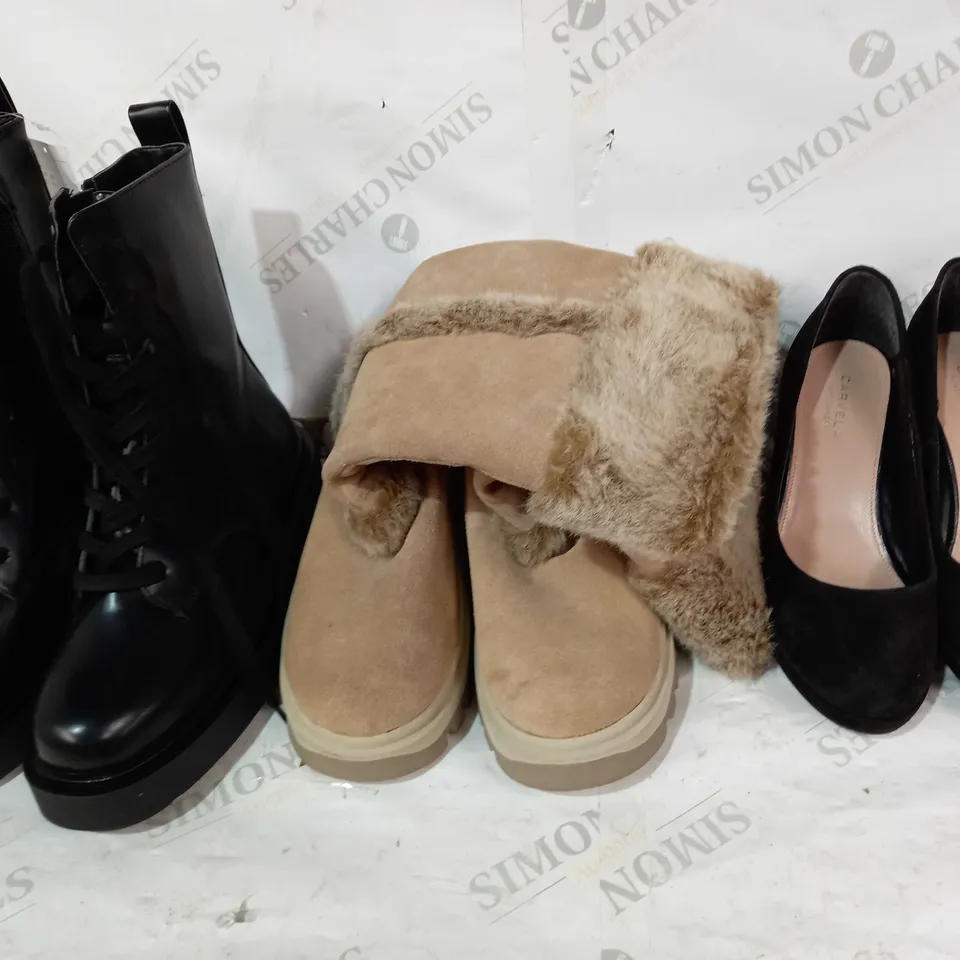 BOX OF APPROXIMATELY 5 ASSORTED SHOES AND FOOTWEAR ITEMS IN VARIOUS STYLES, SIZES, AND COLOURS TO INCLUDE SKECHERS, CARVELA, H&M, ETC