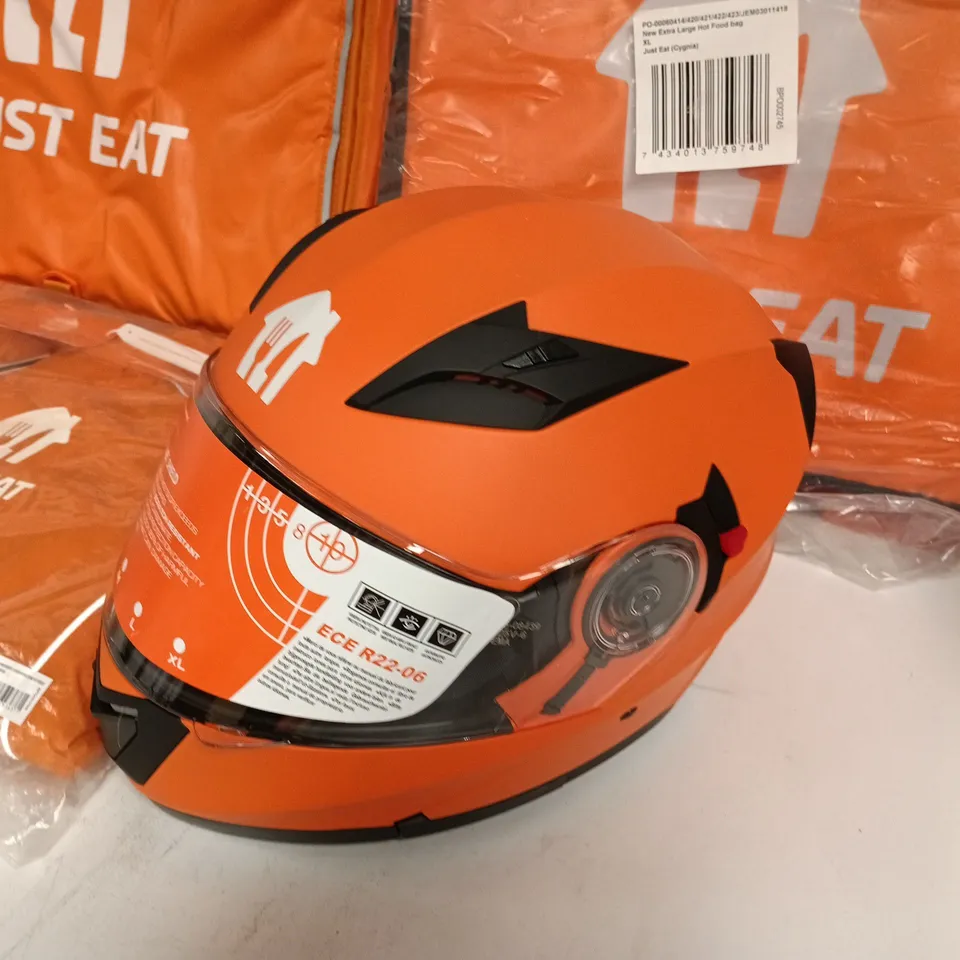 LOT OF 4 JUST EAT BRANDED ITEMS TO INCLUDE HELMET, JACKET AND BAGS