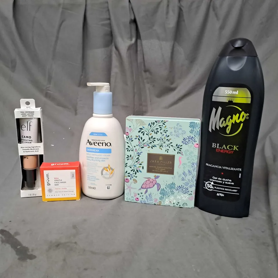 APPROXIMATELY 20 ASSORTED COSMETIC PRODUCTS TO INCLUDE AVEENO EMOLLIENT CREAM, ELF CAMO HYDRATING CREAM AND GRUUM SOAP BAR