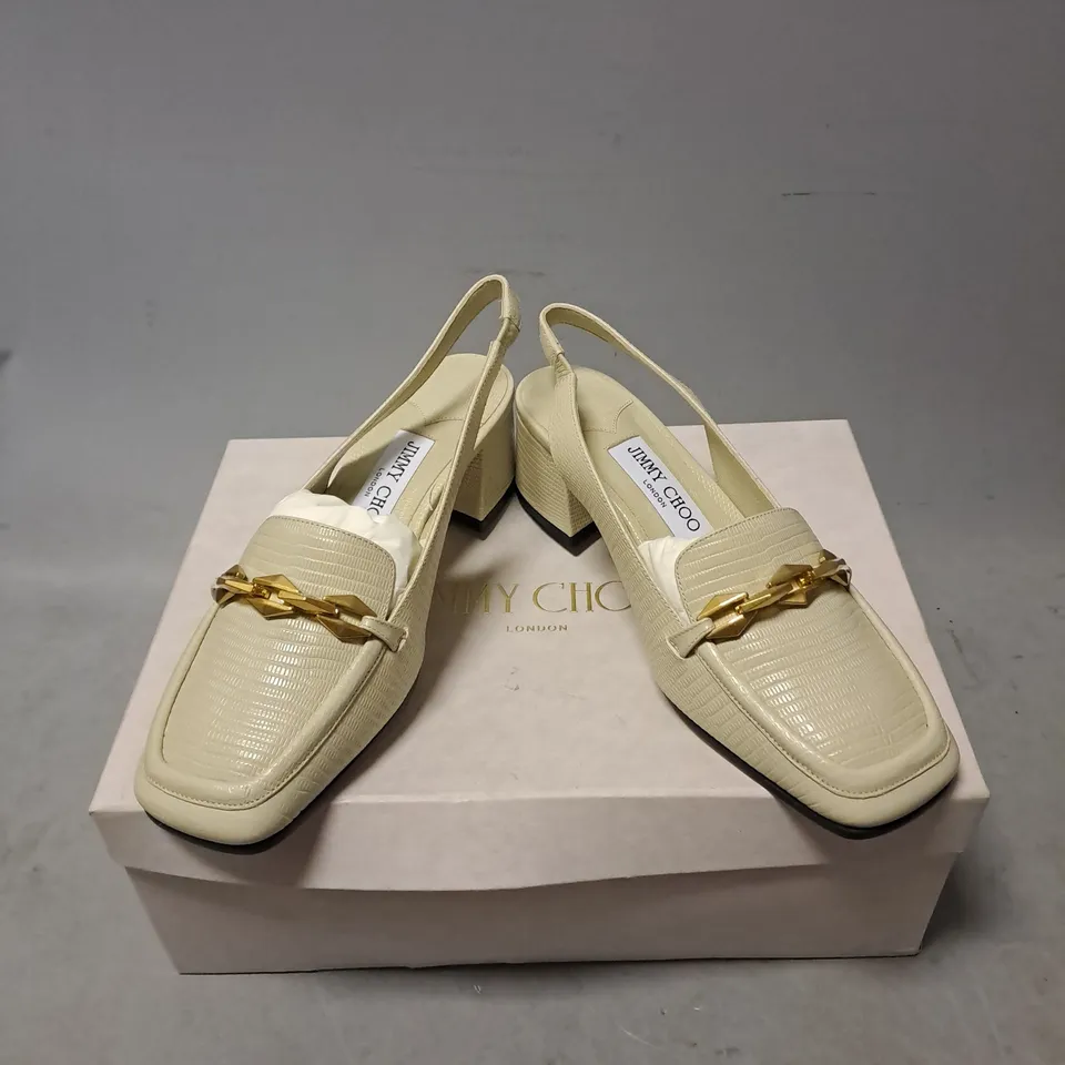 BOXED PAIR OF JIMMY CHOO DIAMOND TILDE BLOCK HEELS IN BAMBOO LIZARD PRINT LEATHER SIZE 36