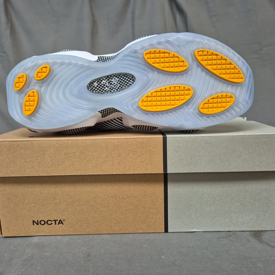 BOXED PAIR OF NIKE NOCTA GLIDE SHOES IN BLACK/WHITE UK SIZE 7