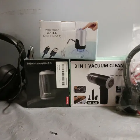 APPROXIMATELY 7 ASSORTED ITEMS TO INCLUDE - 3 IN 1 VACUUM , WATER DISPENSER , UNBRANDED HEADPHONES ETC