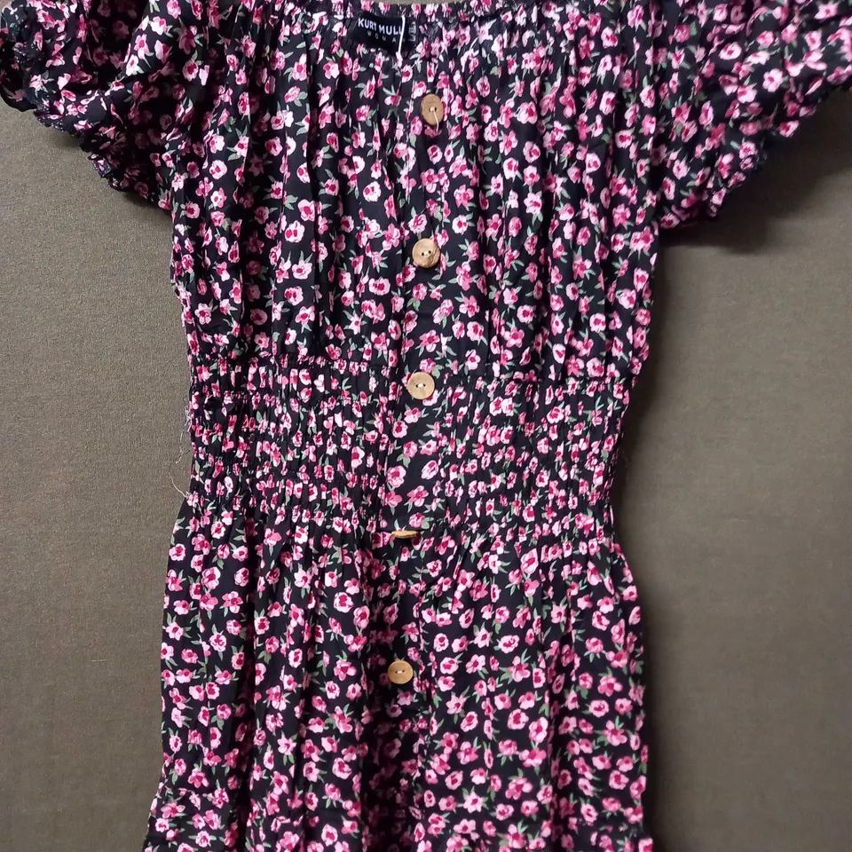 KURT MULLER WOMAN PUFFY SLEEVE MAXI DRESS IN FLORAL DESIGN IN BLACK/PINK - S/M