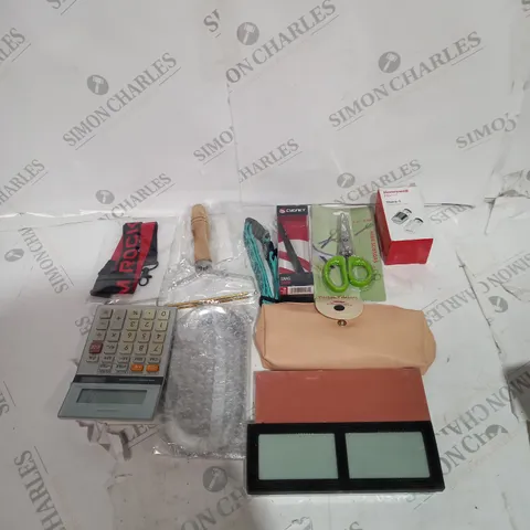 TOTE OF APPROXIMATELY 15 ASSORTED HOUSEHOLD ITEMS TOO INCLUDE CALCULATORS , KNIFE SHARPENERS AND SCISSORS