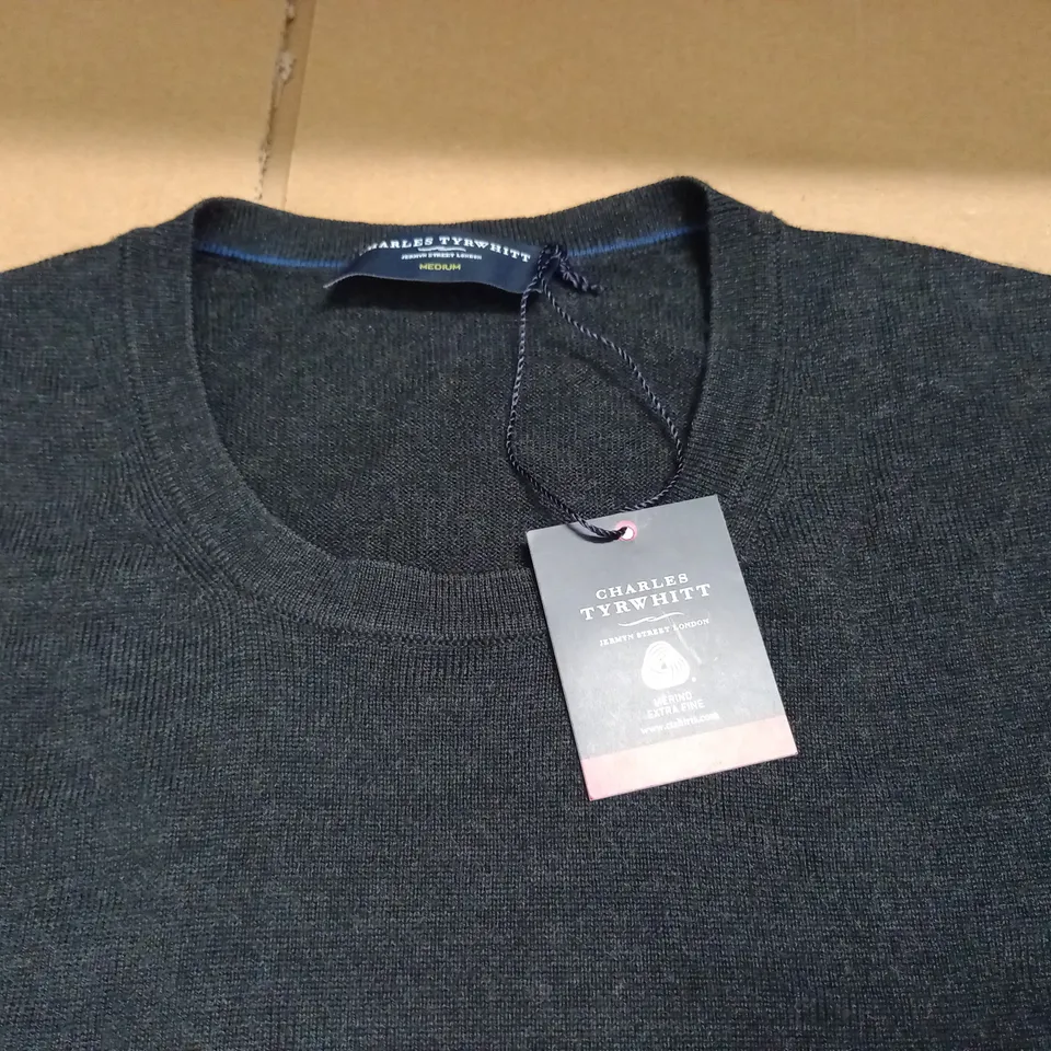 CHARLES TYRWHITT DARK CHARCOAL PURE MERINO CREW NECK JUMPER - MED