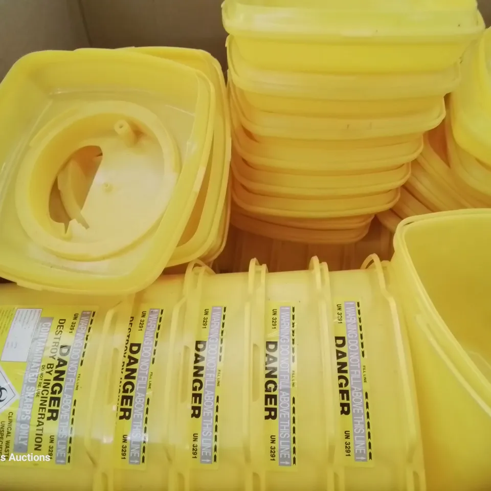 PALLET CONTAINING SHARPPAK 60 YELLOW HAZARDOUS WASTE BINS & APPROXIMATELY 14 CASES EACH CONTAINING 10 TUBS SANISAFE BACTERIAL WIPES 