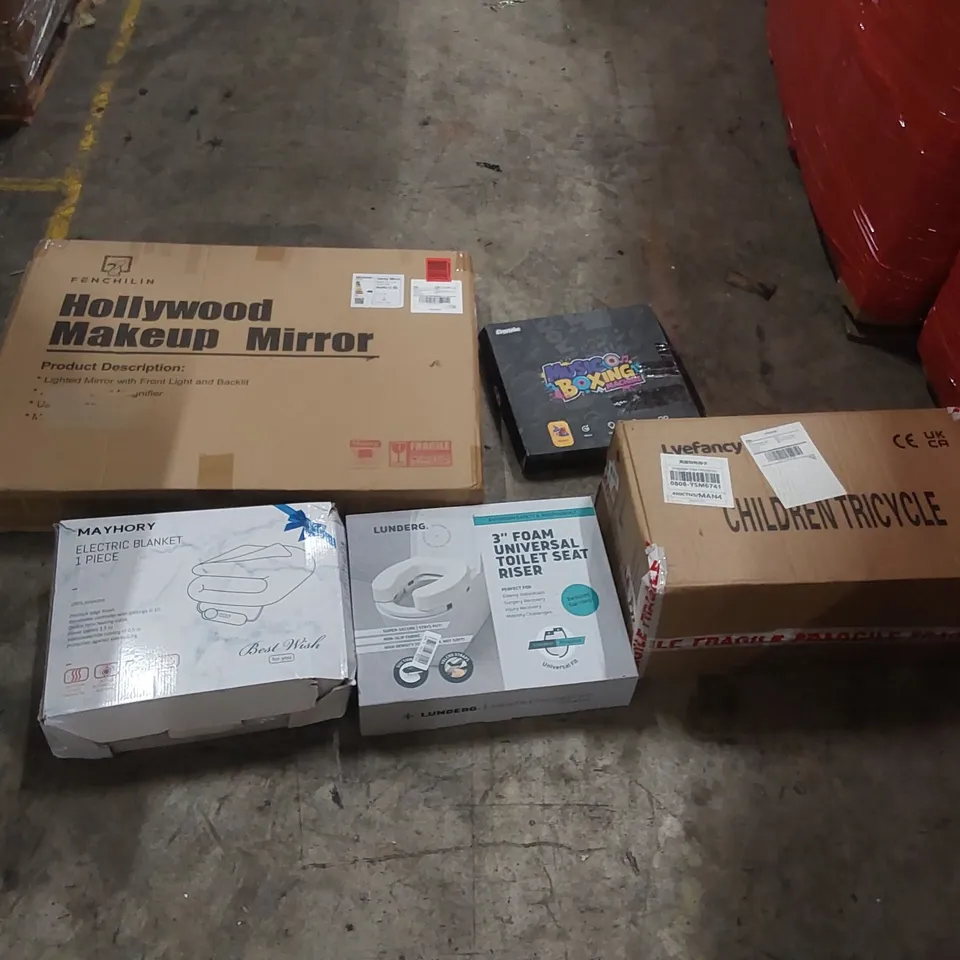 PALLET OF ASSORTED ITEMS TO INCLUDE: CHILDREN'S TRICYCLE, HOLLYWOOD MAKEUP MIRROR, ELECTRIC BLANKET, FOAM TOILET SEAT RISER, MUSIC BOXING MACHINE ECT