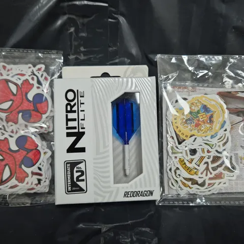 APPROXIMATELY 10 ASSORTED TOYS AND GAMES TO INCLUDE VARIOUS STICKERS, REDDRAGON NITRO FLITE, ETC