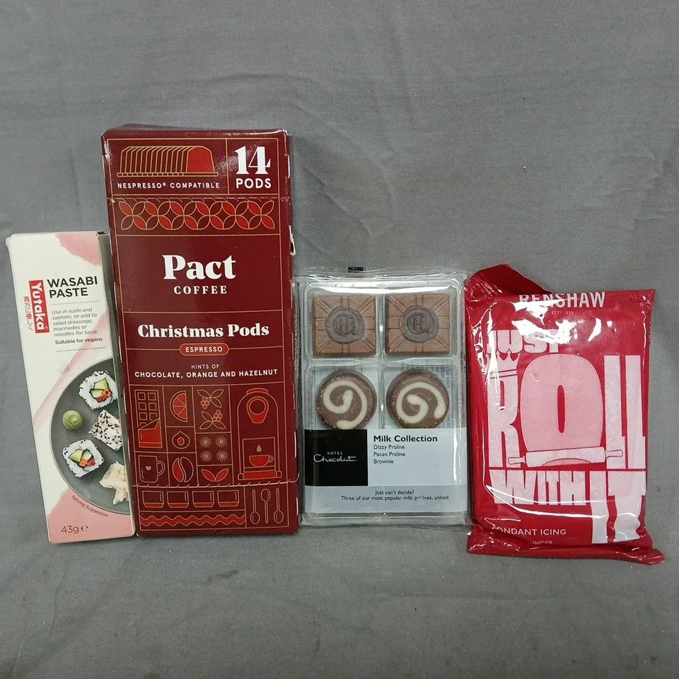 APPROXIMATELY 10 ASSORTED FOOD AND DRINK ITEMS TO INCLUDE PACT COFFEE PODS, WASABI PASTE, ETC
