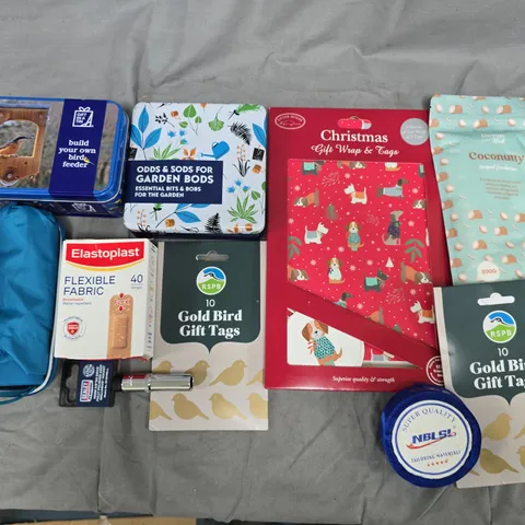 LOT OF ASSORTED HOUSEHOLD ITEMS TO INCLUDE BUILD YOUR OWN BIRDHOUSE, PLASTERS AND TRAVEL UMBRELLA