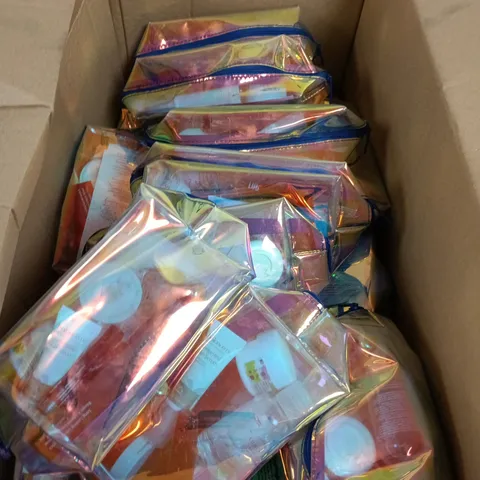 BOX CONTAINING A LARGE AMOUNT OF COSMETIC BAGS WITH COSMETIC ITEMS INSIDE (NOT ALL BAGS HAVE HAVE BEEN CHECKED AND MAY NOT ALL HAVE COSMETIC ITEMS INSIDE