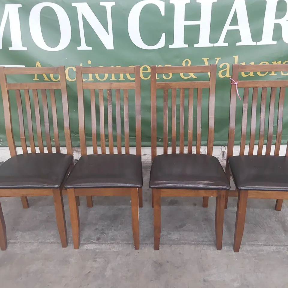 SET OF FOUR DARK WOOD SLAT BACK DINING CHAIRS BLACK PU SEATS