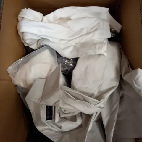 BOX OF ASSORTED CLOTHING ITEMS TOO INCLUDE JUMPERS, SHIRTS AND TROUSERS IN VARIOUS SIZES AND COLOURS   