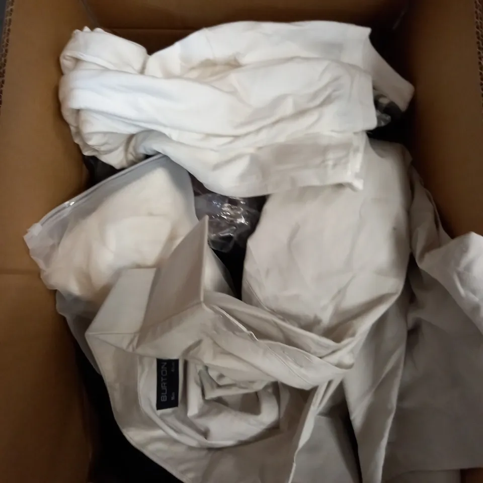 BOX OF ASSORTED CLOTHING ITEMS TOO INCLUDE JUMPERS, SHIRTS AND TROUSERS IN VARIOUS SIZES AND COLOURS   