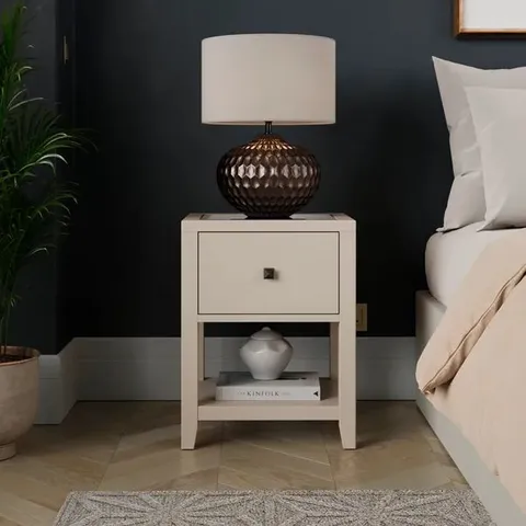 BOXED MALONE 1 DRAWER SLIM BEDSIDE TABLE, WARM GREY (1 BOX)