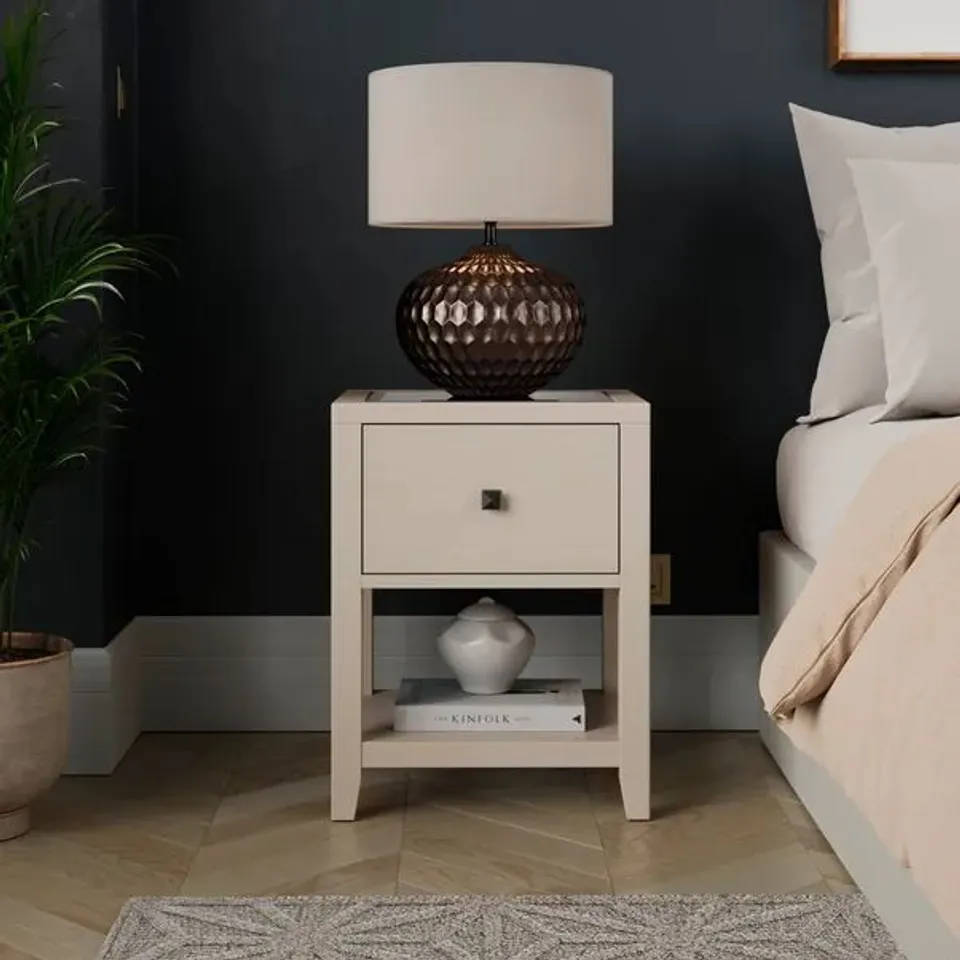 BOXED MALONE 1 DRAWER SLIM BEDSIDE TABLE, WARM GREY (1 BOX)