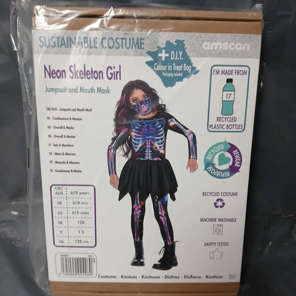 LOT OF 7 BOXED NEON SKELETON GIRLS COSTUMES - VARIOUS SIZES