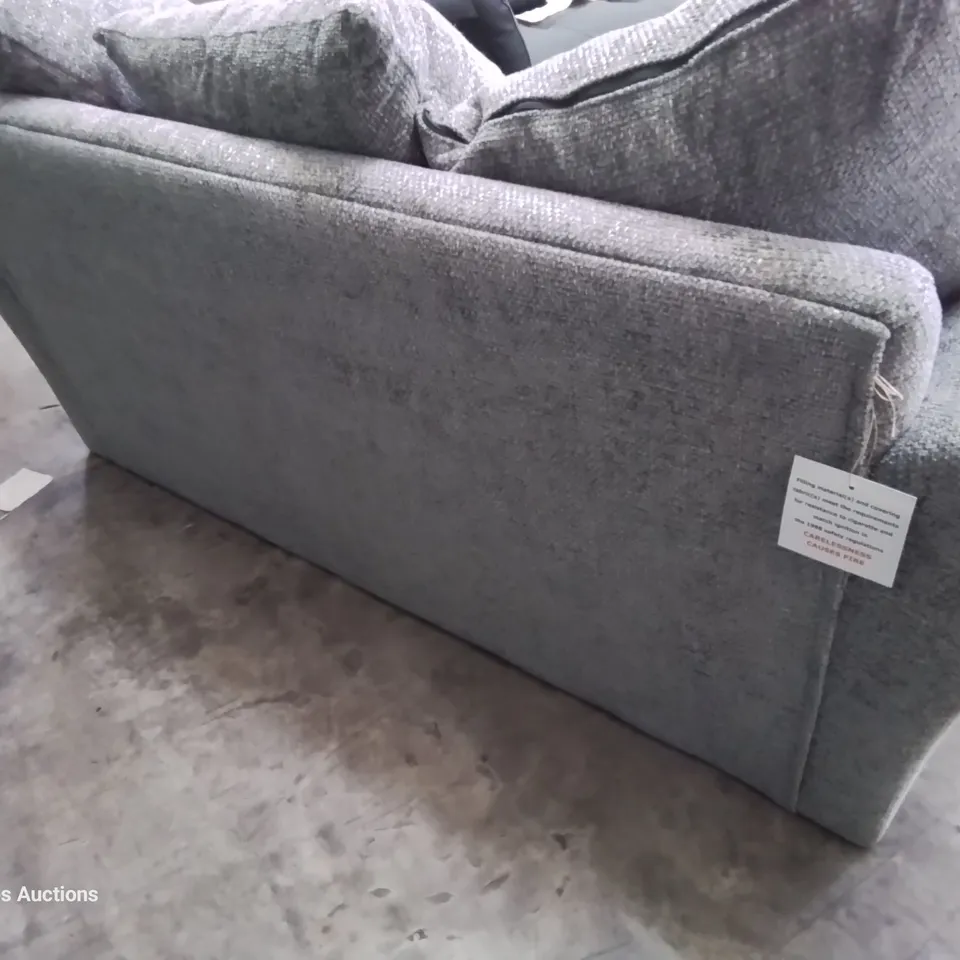 DESIGNER TWO SEATER SOFA WITH SCATTER CUSHIONS GREY FABRIC 