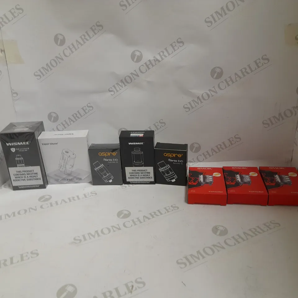 LOT OF APPROXIMATELY 10 E-CIGARETTE RELATED ITEMS TO INCLUDE SMOK V12 PRINCE MESH, WISMEC MOTIV, AND TESLACIGS INVADER 2/3 ETC.