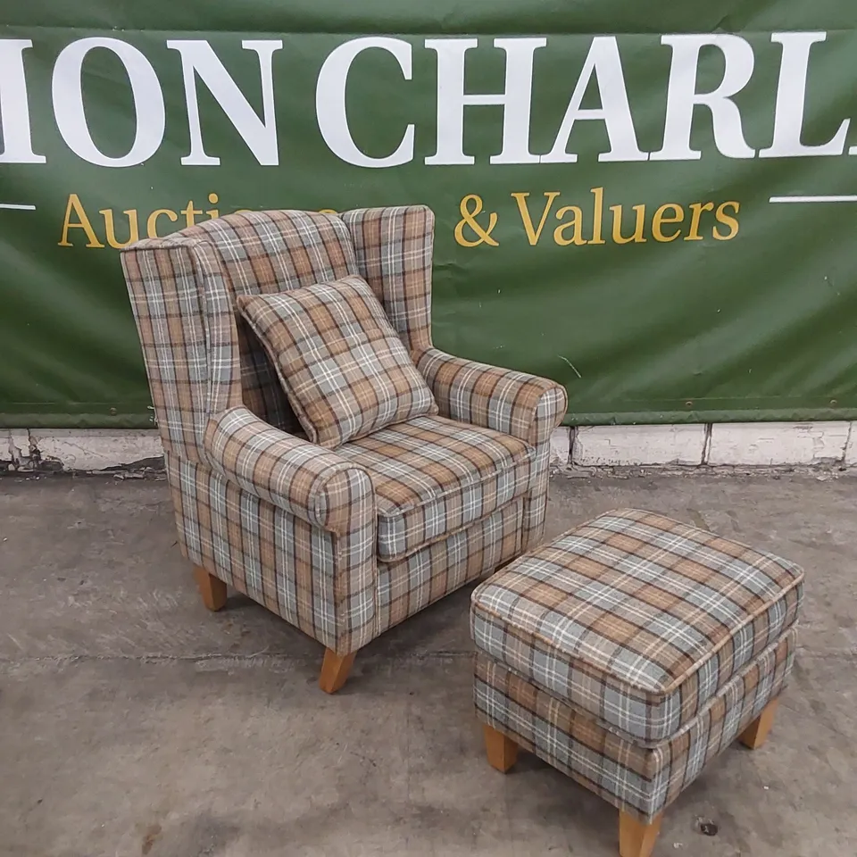 ALISON AT HOME MOTCOMB BLUE TARTAN CHAIR WITH FOOTSTOOL & SCATTER CUSHION