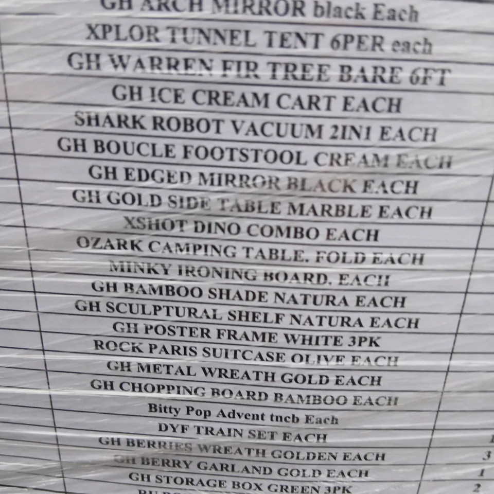PALLET OF APPROXIMATELY 28 ASSORTED PRODUCTS TO INCLUDE; ARCH MIRROR, TUNNEL TENT, WARREN FIR TREE, REALLY USEFUL BOXES, WREATH BERRIES, STORAGE BOX AND BAMBOO SHADE