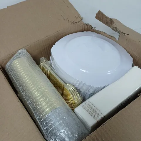 GOLD-TONE CUTLERY SET CUPS AND WITH WHITE PLATES – BOXED