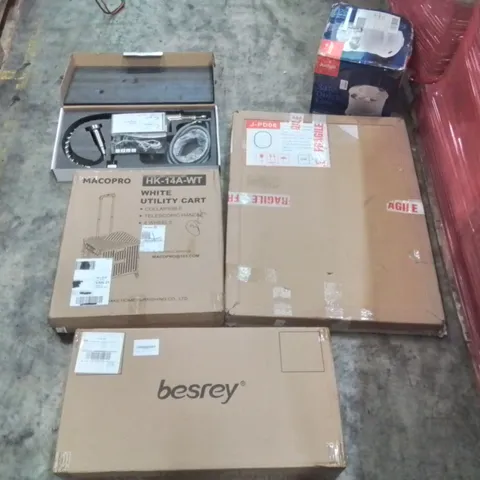 PALLET OF ASSORTED ITEMS INCLUDING: BESREY KIDS SCOOTER, UTILITY CART, TAP SET, MIRROR, ELECTRIC POTATO PEELER ECT