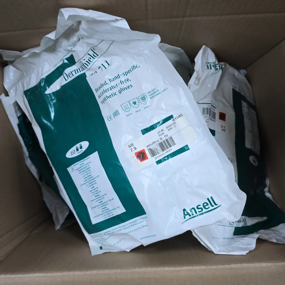 APPROXIMATELY 150 EXPIRED ANSELL DERMASHIELD 73-711 SERIES GREEN NEOPRENE GLOVES IN VARIOUS SIZES