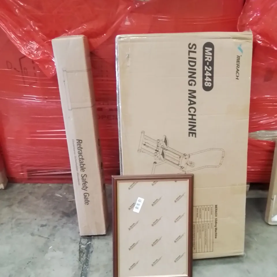 PALLET OF ASSORTED HOUSEHOLD GOODS AND PRODUCTS TO INCLUDE;PICTURE FRAME,SLIDING MACHINE,RETRACTABLE SAFETY GATE