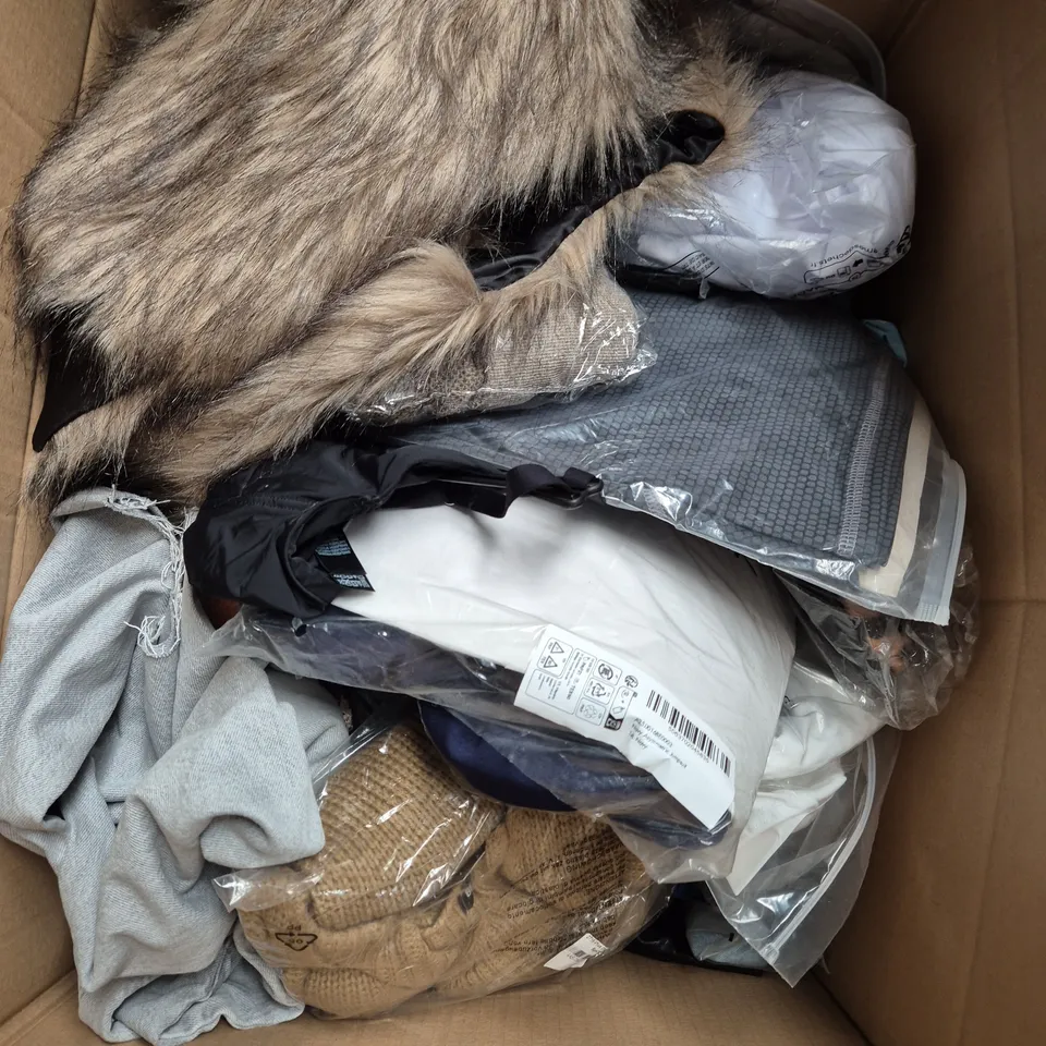BOX OF APPROXIMATELY 20 ASSORTED CLOTHING ITEMS TO INCLUDE SHIRT, JUMPSUIT, TROUSERS, ETC