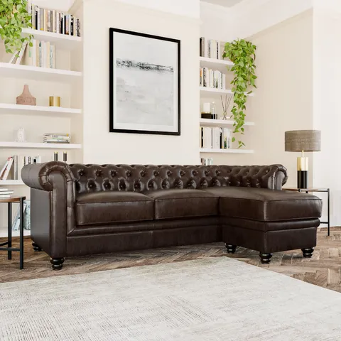 BOXED HAMPTON CHESTERFIELD L-SHAPE CORNER SOFA, ANTIQUE CHESTNUT PREMIUM FAUX LEATHER (1 BOX)