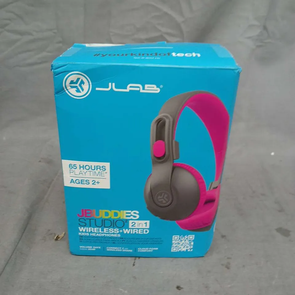 JBL JBUDDIES STUDIO 2-IN-1 KIDS HEADPHONES – WIRELESS + WIRED, GREY WITH PINK CUSHIONS