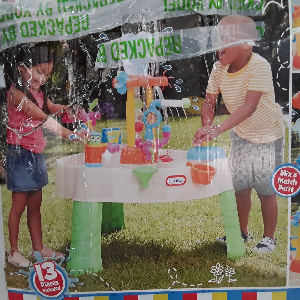 BOXED LITTLE TIKES FOUNTAIN FACTORY WATER TABLE WITH TOYS, ACCESSORIES AND INSTRUCTIONS