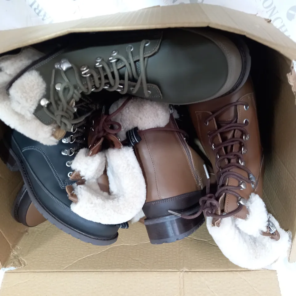 BOX OF APPROXIMATELY 5 PAIRS OF EMU AUSTRALIA BOOTS TO INCLUDE GREEN, BROWN AND BLACK