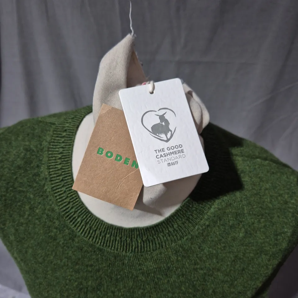 BODE GREEN CASHMERE SLEEVELESS KNIT VEST, SIZE S 