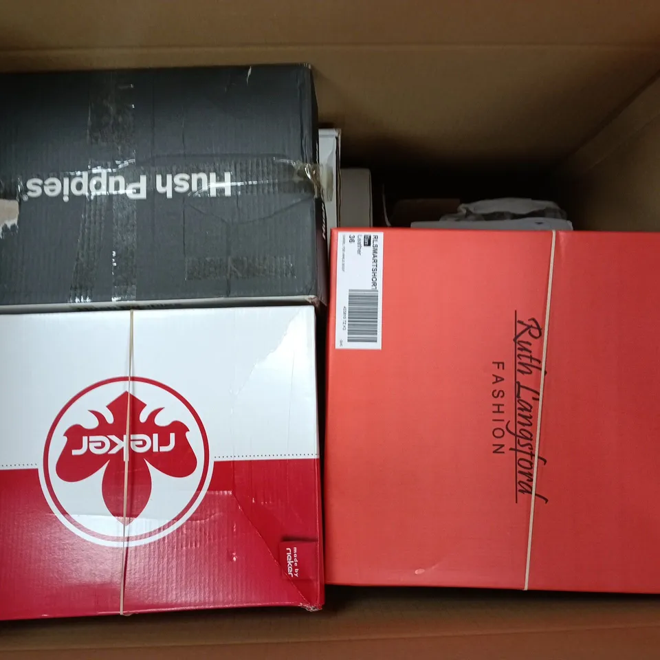 APPROXIMATELY 10 ASSORTED BOXED PAIRS OF SHOES IN VARIOUS SIZES, STYLES & COLOURS TO INCLUDE BRANDS SUCH AS HUSH PUPPIES, RUTH LANGSFORD, RIEKER, ETC