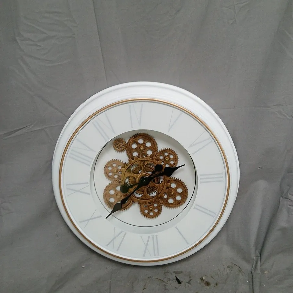 ROUND CLOCK WITH EXPOSED GEARS – WHITE CASE, ROMAN NUMERAL DIAL 