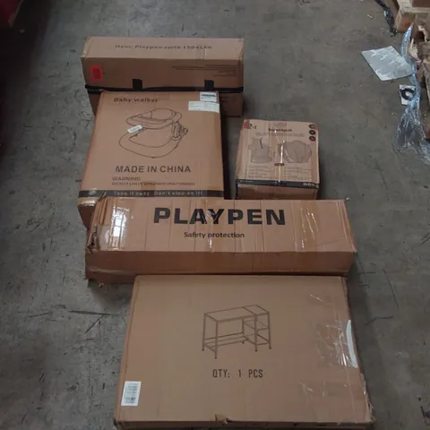 PALLET OF ASSORTED ITEMS INCLUDING: BABY WALKER, BOOSTAPAK, DESK, PLAYPENS ECT