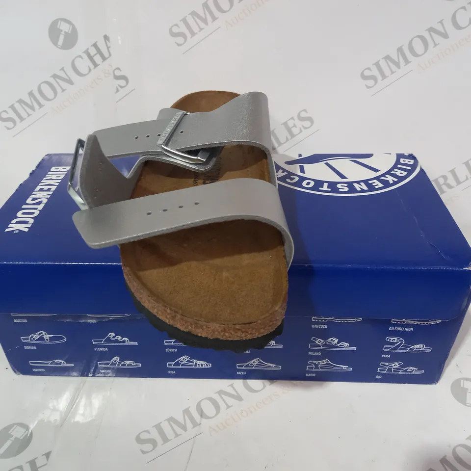 BOXED PAIR OF BIRKENSTOCK OPEN TOE SANDALS IN METALLIC SILVER EU SIZE 37